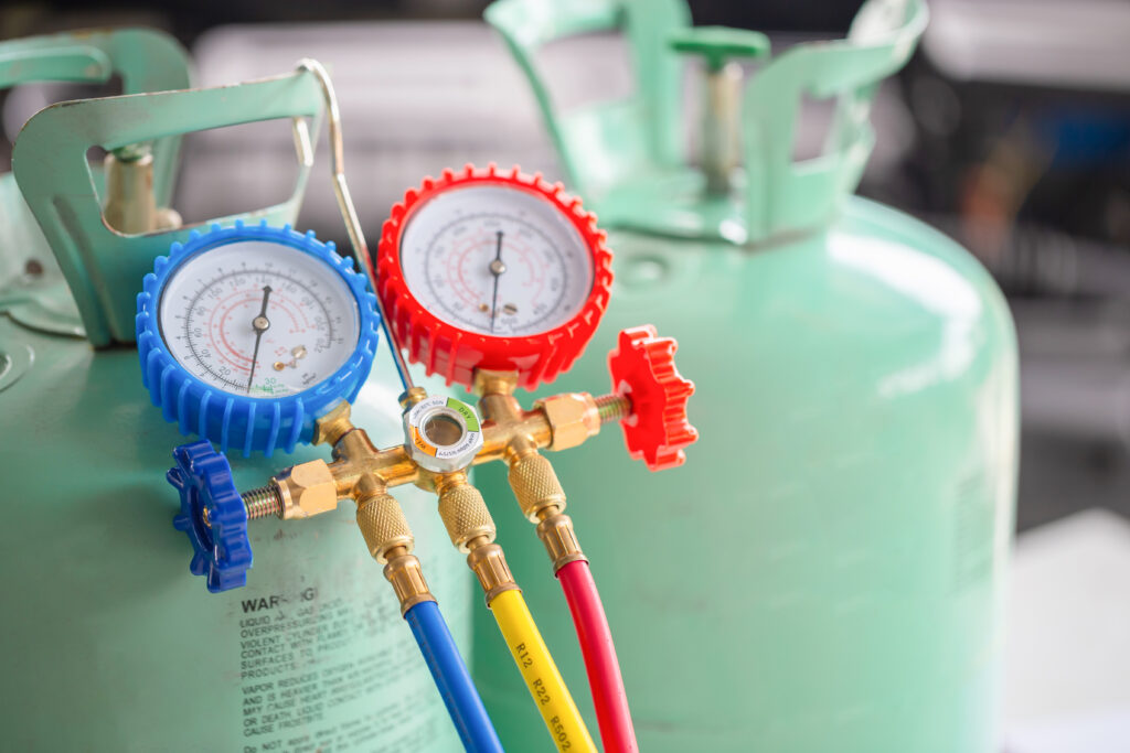 Closeup of refrigerant tanks for AC